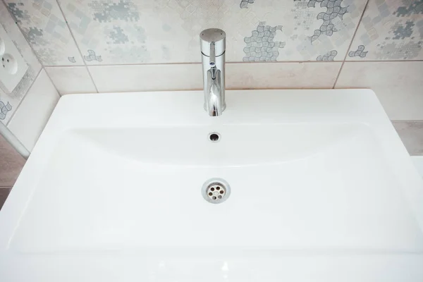 Modern Bathroom Wash Basin Chrome Faucet Gray Tiling — стоковое фото