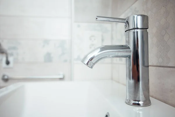 Modern Bathroom Wash Basin Chrome Faucet Gray Tiling — стоковое фото