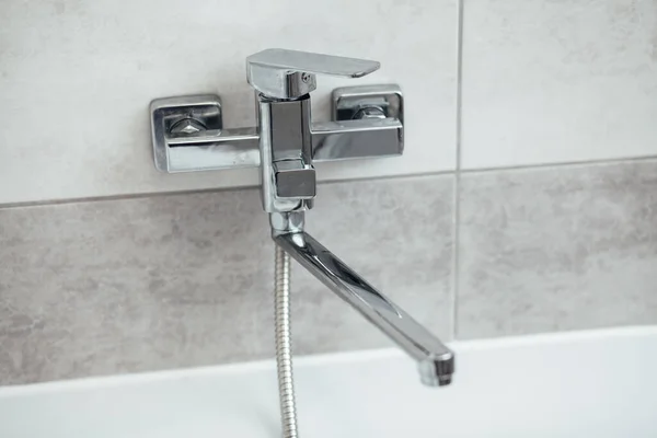 Modern Bathroom Wash Basin Chrome Faucet Gray Tiling — Zdjęcie stockowe
