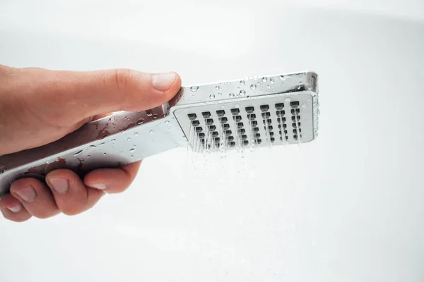 Male Hand Holding Shower White Wall Bathroom Closeup Shot — Stock Photo, Image