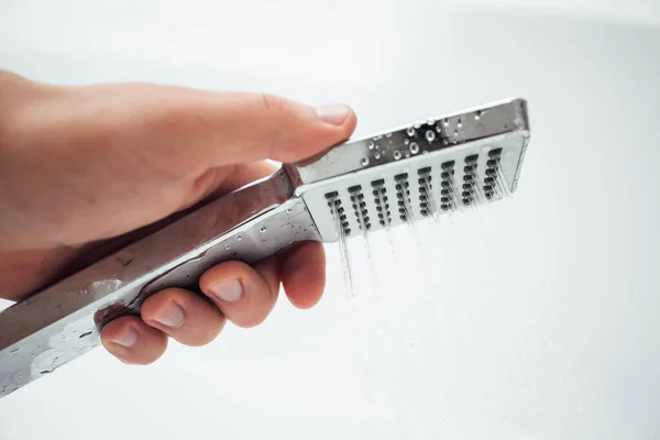 Male Hand Holding Shower White Wall Bathroom Closeup Shot — Stock Photo, Image