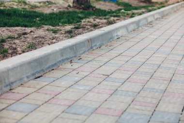 Yeşil bitkilerle dolu bahçe taşı patikası, gündüz vakti tuğla kaldırım. 