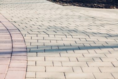 Yeşil bitkilerle dolu bahçe taşı patikası, gündüz vakti tuğla kaldırım. 