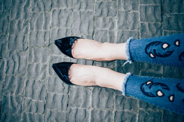 Woman Black High Heels Closeup Female Legs High Heels — Stock Photo, Image