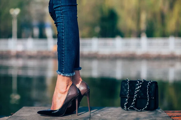 Woman Black High Heels Closeup Female Legs High Heels — ストック写真