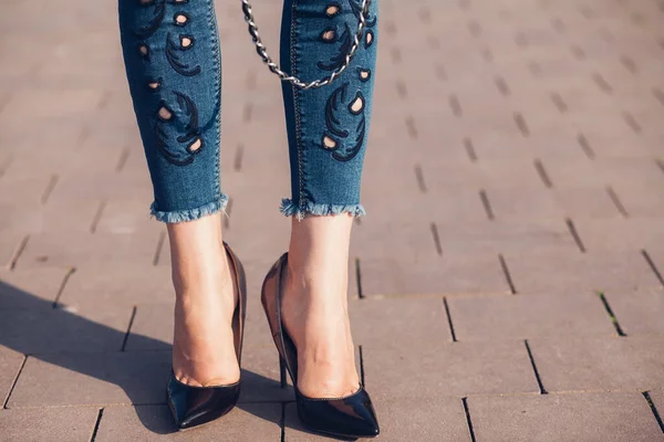 Woman Black High Heels Closeup Female Legs High Heels — ストック写真