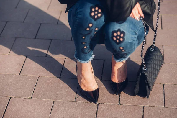 Woman Black High Heels Closeup Female Legs High Heels — ストック写真