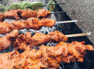 Şiş kebap doğada ızgarada kızarıyor.