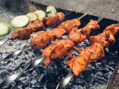Şiş kebap doğada ızgarada kızarıyor.