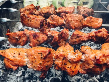 Şiş kebap doğada ızgarada kızarıyor.