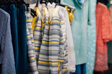 Soyunma odasında giysi koleksiyonu, kadın elbiseleri... 