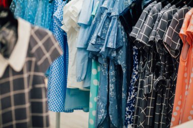 Soyunma odasında giysi koleksiyonu, kadın elbiseleri... 