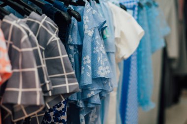 Soyunma odasında giysi koleksiyonu, kadın elbiseleri... 