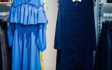 Soyunma odasında giysi koleksiyonu, kadın elbiseleri... 