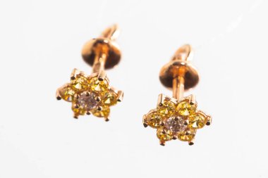 Beyaz arka planda izole edilmiş bir çift altın küpe.