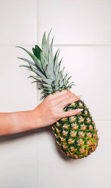 Female hands holding ripe pineapple on a white background