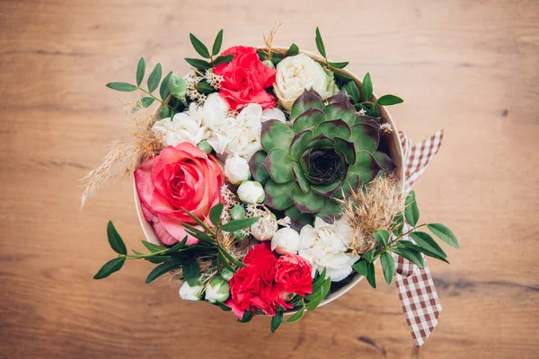 Beautiful Flower Arrangement Hat Box Wooden Background — Stock Photo, Image