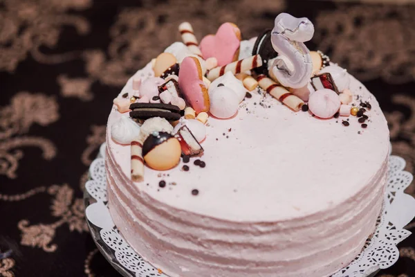 Tasty Pink Cake Closeup Decorated Dessert — Stock Photo, Image
