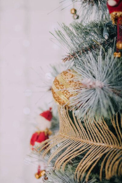 Christmas and New Year holidays background. Winter season tree at apartment interior