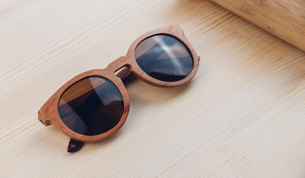 Wooden Sunglasses Cover Wooden Background — Stock Photo, Image