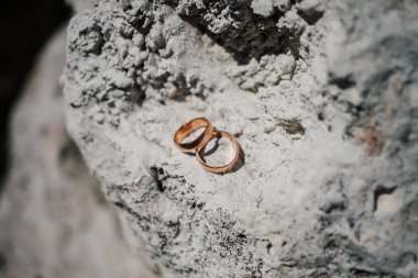 Altın alyanslar taşın üstünde, yakın çekim. 