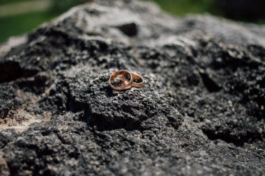 Altın alyanslar taşın üstünde, yakın çekim. 