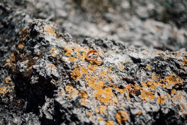 Golden Wedding Rings Stone Closeup Shot — Stock Photo, Image