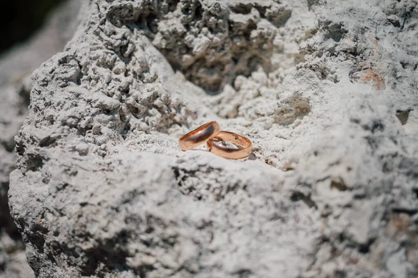 Anéis Casamento Dourados Pedra Tiro Close — Fotografia de Stock