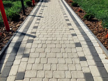 Yeşil bitkilerle dolu bahçe taşı patikası, gündüz vakti tuğla kaldırım. 