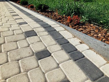 Yeşil bitkilerle dolu bahçe taşı patikası, gündüz vakti tuğla kaldırım. 
