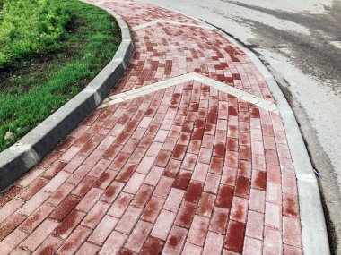 Yeşil bitkilerle dolu bahçe taşı patikası, gündüz vakti tuğla kaldırım. 