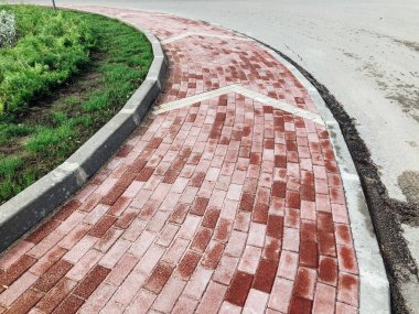 Yeşil bitkilerle dolu bahçe taşı patikası, gündüz vakti tuğla kaldırım. 