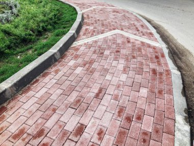 Yeşil bitkilerle dolu bahçe taşı patikası, gündüz vakti tuğla kaldırım. 