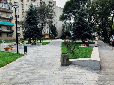 Şehir parkındaki ahşap bank.