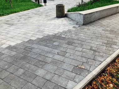 Gündüz vakti şehir parkında yürüyüş yolu taşları 