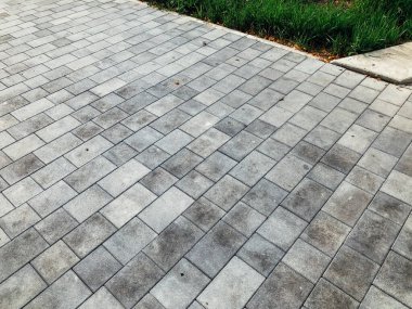 Yeşil bitkilerle dolu bahçe taşı patikası, gündüz vakti tuğla kaldırım. 