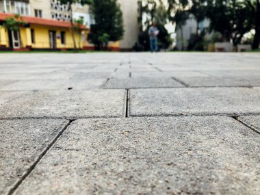 Gündüz vakti şehir parkında yürüyüş yolu taşları 