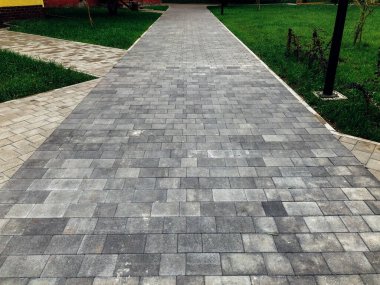 Yeşil bitkilerle dolu bahçe taşı patikası, gündüz vakti tuğla kaldırım. 