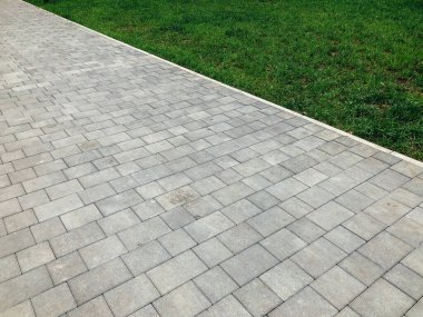 Yeşil bitkilerle dolu bahçe taşı patikası, gündüz vakti tuğla kaldırım. 
