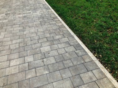 Yeşil bitkilerle dolu bahçe taşı patikası, gündüz vakti tuğla kaldırım. 