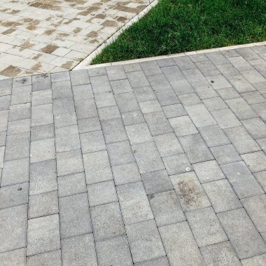 Yeşil bitkilerle dolu bahçe taşı patikası, gündüz vakti tuğla kaldırım. 