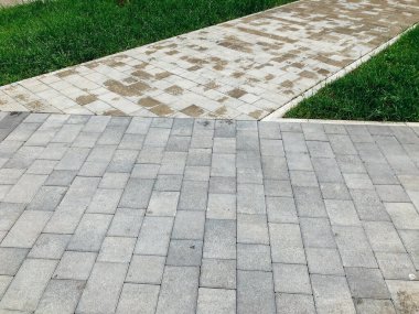Yeşil bitkilerle dolu bahçe taşı patikası, gündüz vakti tuğla kaldırım. 