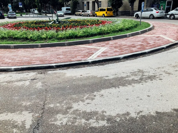 Chemin Pierre Jardin Avec Des Plantes Vertes Trottoir Brique Jour — Photo