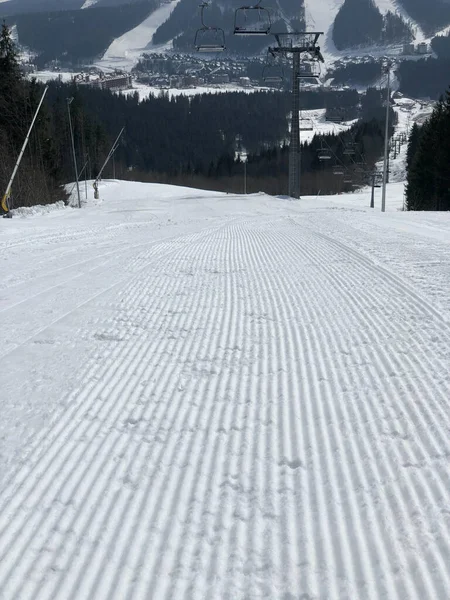 Perfectly Groomed Empty Ski Run Daytime — стоковое фото