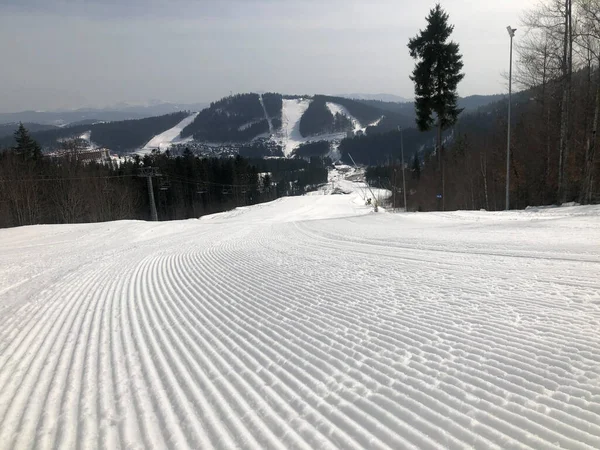 Perfectly Groomed Empty Ski Run Daytime — 스톡 사진