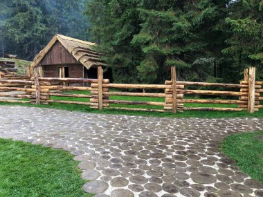 Doğal yuvarlak ahşap kütüklerden yapılmış park yolu. Ahşap döşeme