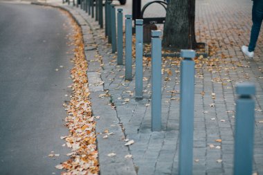 Parktaki yürüyüş yolunda demir kazıklı taşlar. 