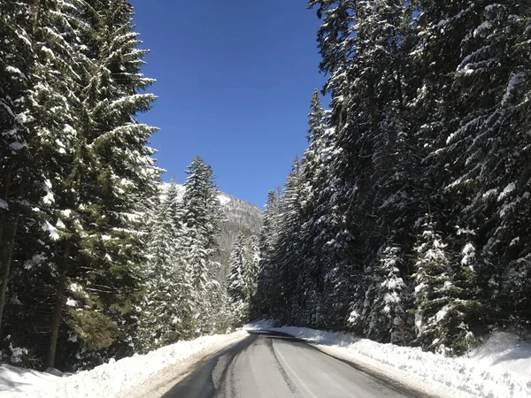 Hermosa Escena Invierno Con Hielo Camino Resbaladizo Situación Conducción Carretera —  Fotos de Stock