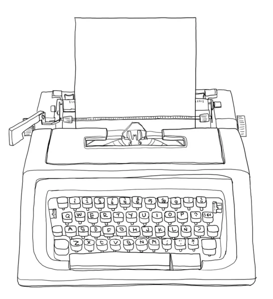 Blauwe schrijfmachine met papier schattig lijntekeningen — Stockfoto