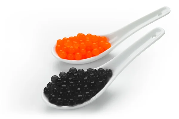 Schwarzer und roter Kaviar auf Porzellanlöffeln — Stockfoto